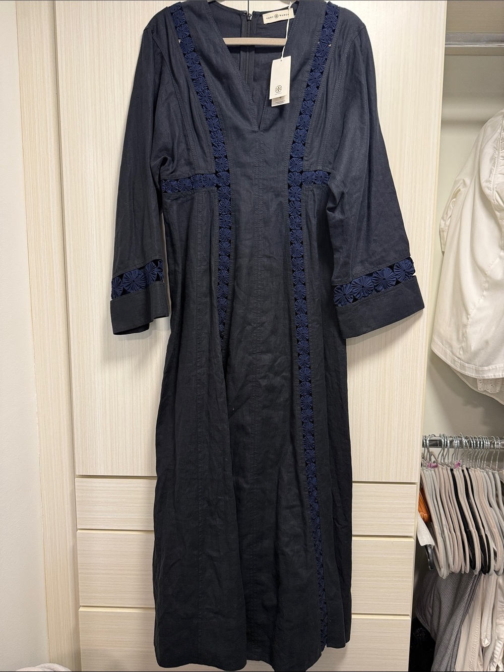 Tory Burch long Black linen dress with Navy Embroidery